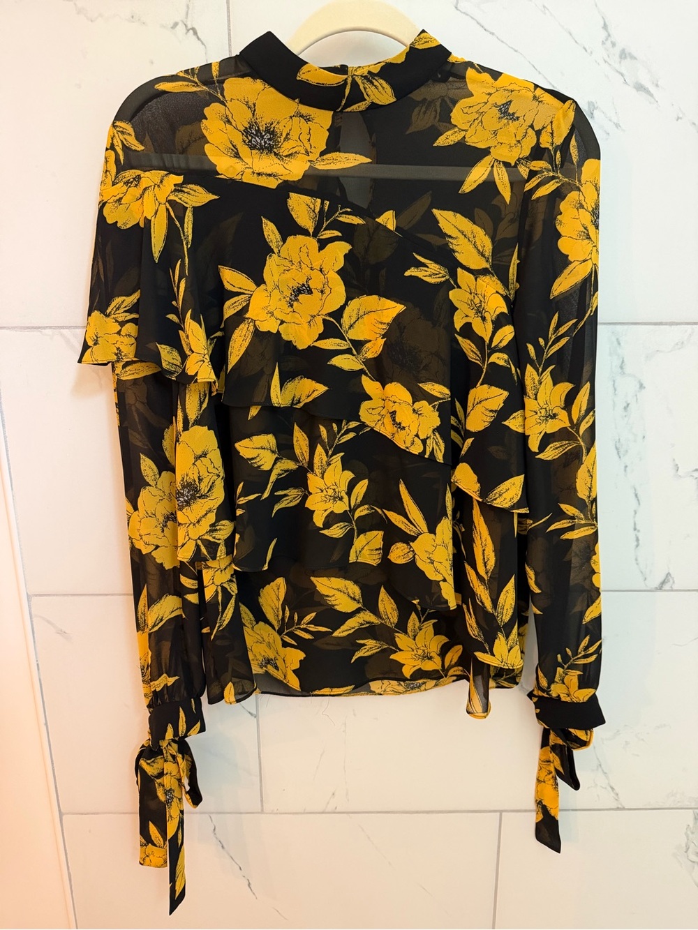 JAYGODFREY Black Sheer Blouse with Yellow Floral Print